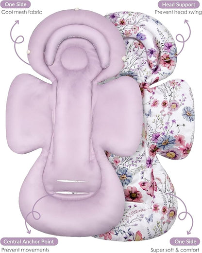 TinlyFinly Infant Car Seat Insert with Extra Cushion for Preemie to Toddler, Reversible Newborn Carseat Insert for Baby Head Body Support, Fits for Stroller, Baby Swing, Bouncer (Purple Wildflower)