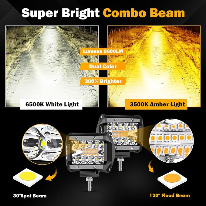Auxbeam 4 Inch 240W LED Pods, Amber White Fog Light 6 Modes Strobe Lights for Work Truck, Dual Color Combo Offroad Driving Light for Jeep ATV Utv Car, 4 Packs