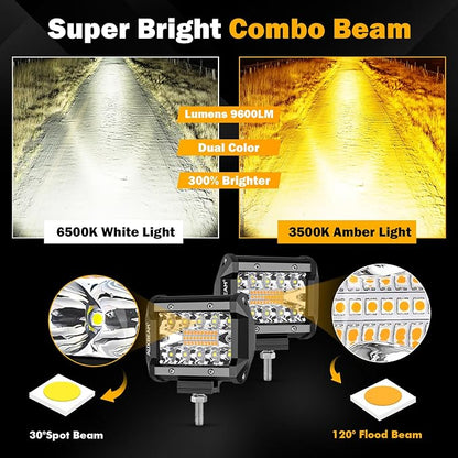 Auxbeam 4 Inch 240W LED Pods, Amber White Fog Light 6 Modes Strobe Lights for Work Truck, Dual Color Combo Offroad Driving Light for Jeep ATV Utv Car, 4 Packs
