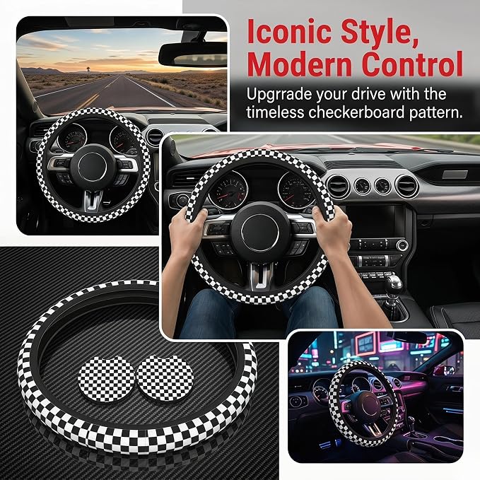 Black and White Checkered Steering Wheel Cover Universal 14.5-15 Inch Anti-Slip Breathable with 2 Pieces Car Coasters for Men Women Checkered Car Accessories Decorate