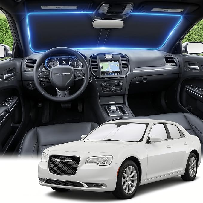 Windshield Sun Shade for Chrysler 300 300C 2011-2024 2025 Sunshade Front Window Shade Custom Fit 300 300C Accessories Sun Visor Foldable Shade Blocks UV Rays Accessories