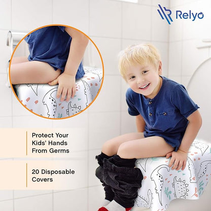 Relyo Disposable Toilet Seat Cover for Travel – 20 Pack with Covers Wrapped in Sets of 2, Non-Flushable Liners, Fits Most Seats – Kids, Toddlers, Adults (Dinosaurs, 20)