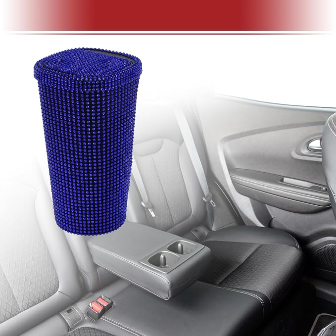 ACROPIX Car Trash Can Trash Bin Rhinestones Portable 3.5" Length 3.5" Width 6.3" Height Blue Rhinestone Plastic