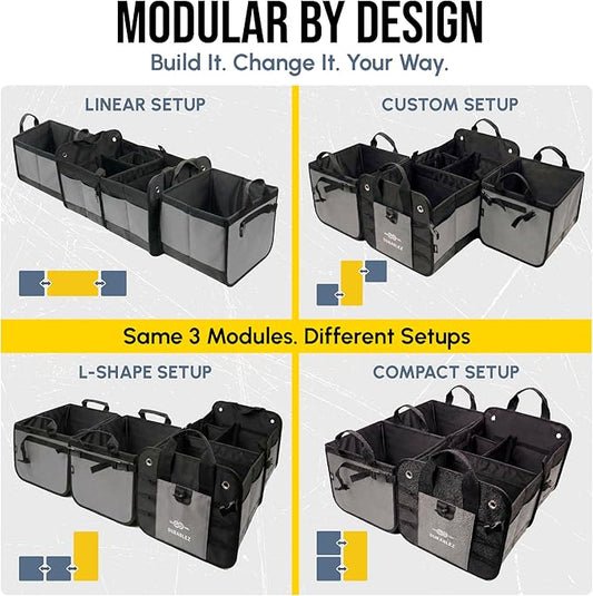 Modular 4-Section XL Trunk Organizer – Car Storage for Groceries, Tools, Sports Gear, Emergency Kits – Extra Large Multi-Compartment Cargo Box, Collapsible & Heavy Duty – Gray