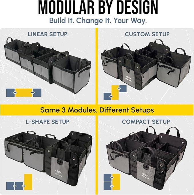 Modular 5-Section Trunk Organizer XL – Car Storage for Groceries, Tools, Sports Gear, Emergency Kits – Extra Large Multi-Module Cargo Box, Foldable, Detachable, Heavy Duty Design – Gray