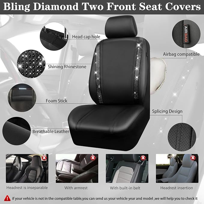 CAR PASS Bling Diamonds Car Seat Covers Front Seats Black Leather Shining Rhinestone Car Floor Mats Carpet with Anti-Slip Nibs Sparkly Glitter Crystal Car Accessories Set Universal for Girl Women