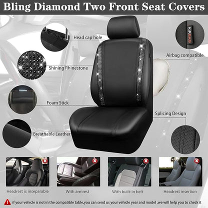 CAR PASS Bling Diamonds Car Seat Covers Front Seats Black Leather Shining Rhinestone Car Floor Mats Carpet with Anti-Slip Nibs Sparkly Glitter Crystal Car Accessories Set Universal for Girl Women