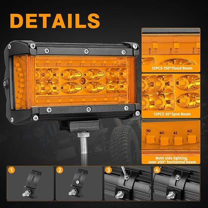 Side Shooter LED Light Bars, Muto-Beam 2PCS 5Inch Quad Row Amber Light Pods LED Fog Light Off Road Driving Lighting Spot Flood Combo Lights Work Light for Truck UTV ATV UTV Pickup SUV Boat Tractor
