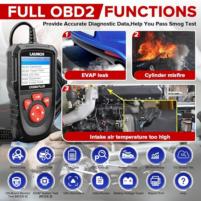LAUNCH Professional OBD2 Scanner Diagnostic Tool CR3008 Plus,One-Key I/M,Lifetime Update Code Reader,Enhanced Check Engine Code Reader OBDII Car Scan Tool for All Vehicles After 1996,Battery Test