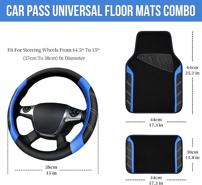 CAR PASS Air Mesh Leather Car Seat Covers Full Set, Waterproof Car Floor Mats, Sporty Steering Wheel Cover 14.5-15in, Universal Fits for 95% Cars Truck SUV (Black and Blue)