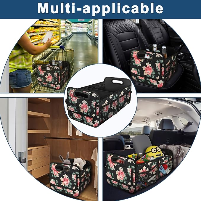 Deosk Trunk Organizer and Storage with Reinforced Handles,Car Accessories for Women/Men 50L Waterproof Polyester Trunk Organzier for Car/SUV/Minivan/Truck(Medium, Floral)
