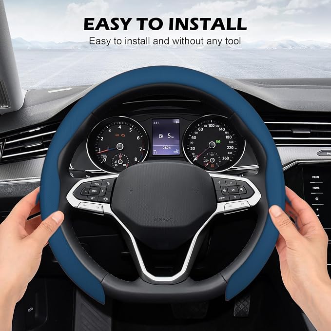 Frani Nappa Leather Steering Wheel Cover,Universal Fit 15 Inch-Premium Non-Slip Breathable Comfort Grip for Cars Trucks SUVs,Anti-Slip Durable Interior Upgrade Navy Blue