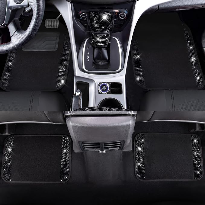CAR PASS Bling Diamonds Car Seat Covers Front Seats Black Leather Shining Rhinestone Car Floor Mats Carpet with Anti-Slip Nibs Sparkly Glitter Crystal Car Accessories Set Universal for Girl Women