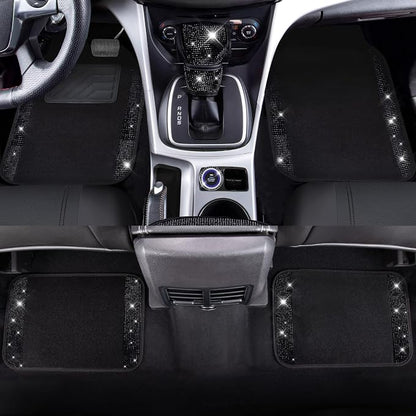 CAR PASS Bling Diamonds Car Seat Covers Front Seats Black Leather Shining Rhinestone Car Floor Mats Carpet with Anti-Slip Nibs Sparkly Glitter Crystal Car Accessories Set Universal for Girl Women