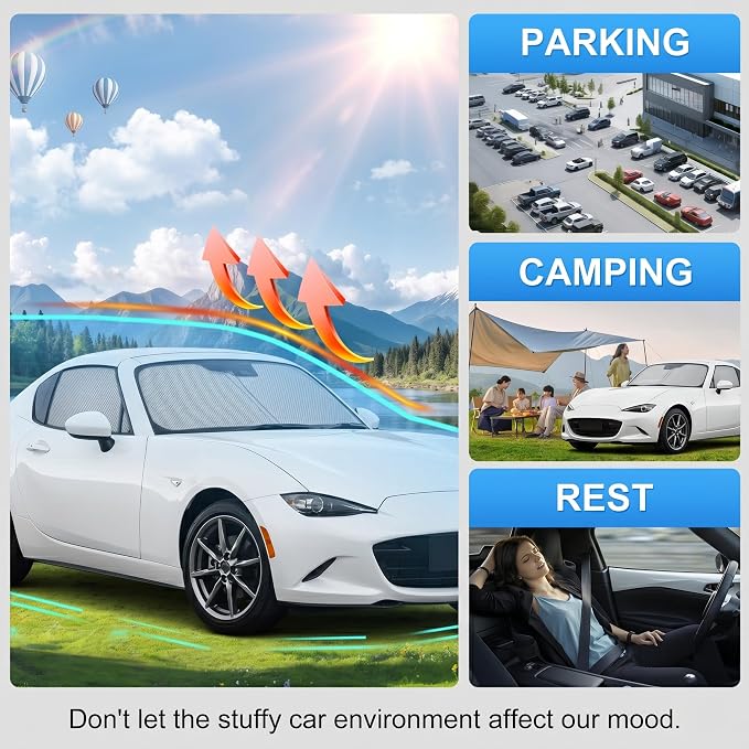 Custom Fit Windshield Sun Shade for Mazda MX-5 Miata Convertible 2016-2026 | Custom Fit Windshield Cover, Blocks UV Rays, Double-Layer Heat Shield, Durable Frame, Easy Fold & Storage