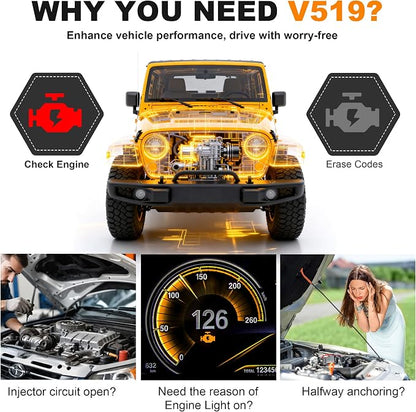 V519 OBD2 Scanner Diagnostic Tool with Reset, Quickly Diagnose Car’s Issue, Vehicle Check Engine Code Reader, I/M Readiness, Car OBDII Scan Tool for 1996 OBD2 Protocol Vehicle