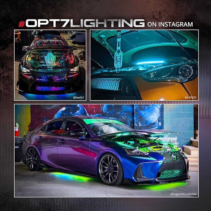 OPT7 Aura Engine Bay RGB Light Kit with Remote Control, 4 pc 24" Waterproof Underhood LED Strips, Multi Color Mode, Exterior Neon Accent Glow Lights for Truck F150 Tacoma Tundra 4Runner Dodge Durango