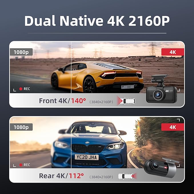 Dash Cam Front Rear, 4K Front + 4K Rear Full HD Dash Camera for Cars Built-in Wi-Fi Bluetooth GPS with 64GB SD Card, 3.0” IPS Screen with App Control, G-Sensor, HDR, Night Vision, 24H Parking Mode