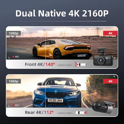Dash Cam Front Rear, 4K Front + 4K Rear Full HD Dash Camera for Cars Built-in Wi-Fi Bluetooth GPS with 64GB SD Card, 3.0” IPS Screen with App Control, G-Sensor, HDR, Night Vision, 24H Parking Mode