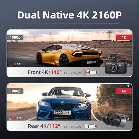 Dash Cam Front Rear, 4K Front + 4K Rear Full HD Dash Camera for Cars Built-in Wi-Fi Bluetooth GPS with 64GB SD Card, 3.0” IPS Screen with App Control, G-Sensor, HDR, Night Vision, 24H Parking Mode
