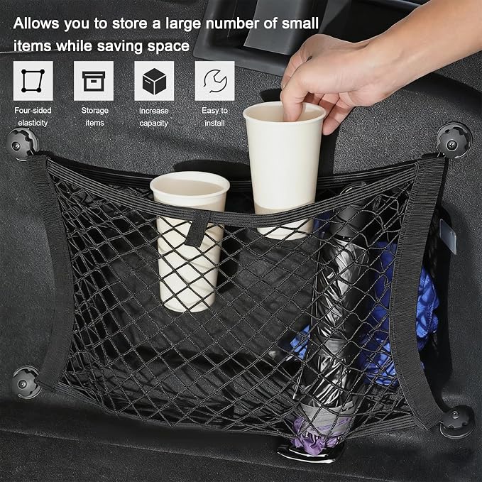 2 PCS Small Cargo Nets, 14"×10" Double Layer Car Organizer Net with Mounting Screws & Hooks, Stretchable Cargo Netting Storage Pouch for Car Truck SUV RV Boat Trunk