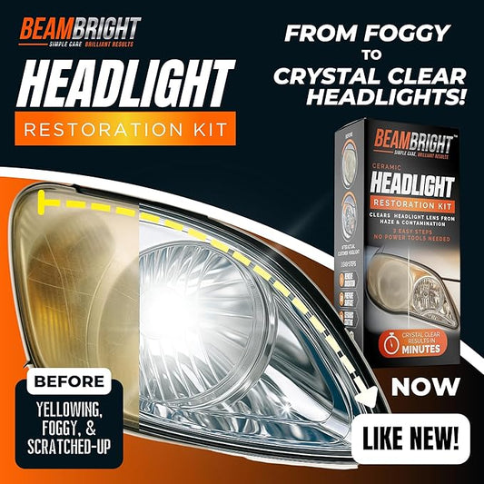 BEAM BRIGHT Ceramic Headlight Restoration Kit – Car Headlights Cleaner & Restorer for Cloudy, Yellowed Headlights - with UV Protection for Durable Clarity & Shine - No Power Tools Needed