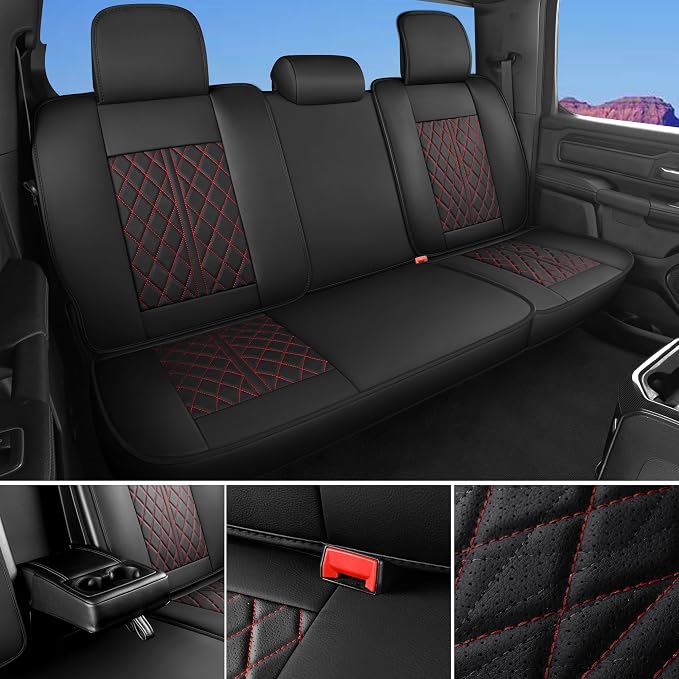 Custom Fit Chevy Silverado GMC Sierra 1500 2007-2026 2500/3500 HD Crew Cab Full Set Car Seat Covers - 5 Pack, Premium Faux Leather Truck Seat Protector with Airbag Compatible Design, BlackRedLine