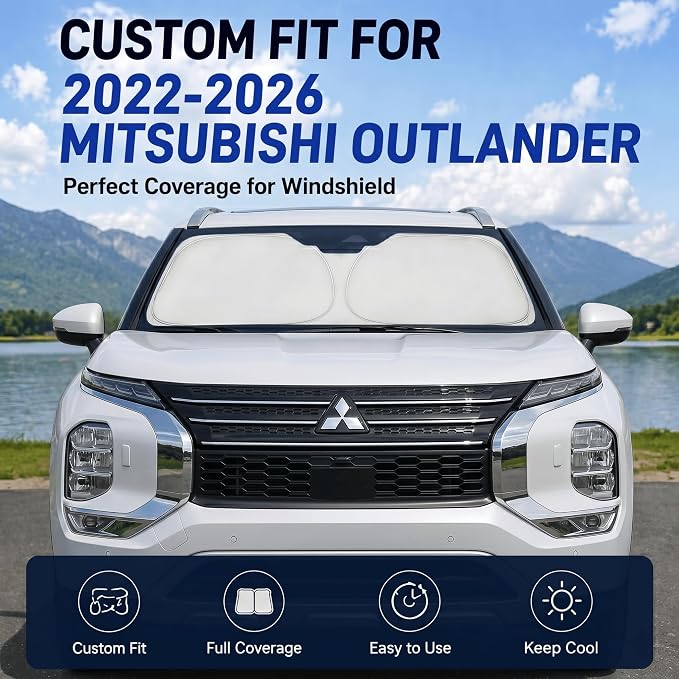 Custom Fit Windshield Sun Shade for Mitsubishi Outlander 2022-2026 | Custom Fit Windshield Cover, Blocks UV Rays, Double-Layer Heat Shield, Durable Frame, Easy Fold & Storage