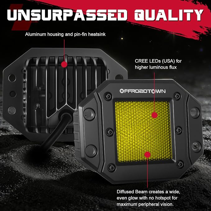 Flush Mount LED Pods Amber, OFFROADTOWN 5'' 12,000LM CREE LED Camper Lights Yellow Backup Reverse Scene Lights Off Road Flush Bumper Light for Camper Truck Pickup UTV ATV Boat RV - Diffusion Beam