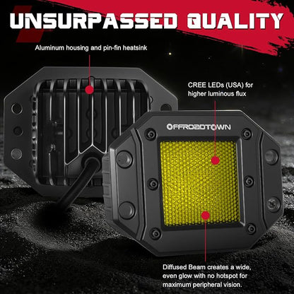 Flush Mount LED Pods Amber, OFFROADTOWN 5'' 12,000LM CREE LED Camper Lights Yellow Backup Reverse Scene Lights Off Road Flush Bumper Light for Camper Truck Pickup UTV ATV Boat RV - Diffusion Beam