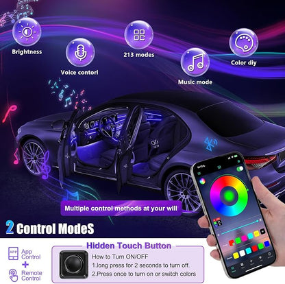 Acrylic Interior Car LED Strip Light with APP, RGB 10 in 1 with 175 inches 600 LEDs Fiber Optic Ambient Lighting Kits, 16 Million Colors Sound Active Function Car Neon LED Strip for Car