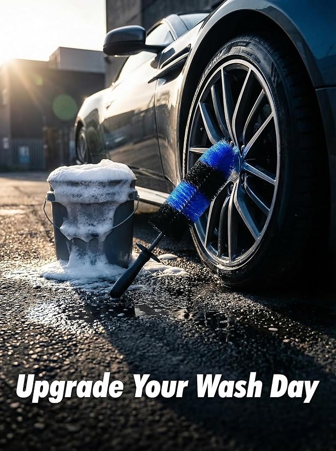 TAKAVU Master Wheel & Tire Brush, Easy Reach Wheel and Rim Detailing Brush Long Soft Bristle, Car Tire Brush, Wheel Scrub Brush, Multipurpose use for Wheels Rims Exhaust Tips Motorcycles (Blue)