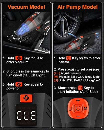 2-in-1 Cordless Car Vacuum and Tire Inflator - 20V Handheld Vacuum Cleaner & 150 PSI Air Pump, 18000Pa Powerful Suction, Portable Vac Air Compressor for Tires Pump and Car Cleaning