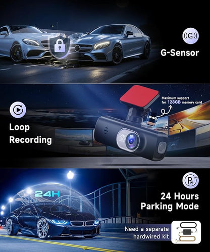 Dash Cam 4K Front and Rear Full HD Dash Camera for Cars, Included 64GB Card, Built-in WiFi, 1.47" IPS ScreenLoop Recording, G-Sensor, Night Vision, Parking Mode