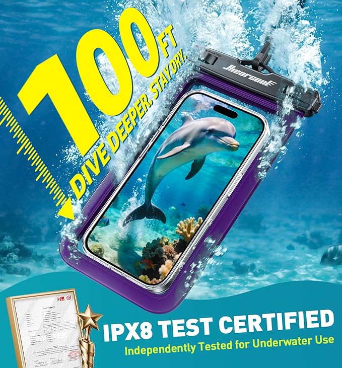 Hiearcool Waterproof Phone Pouch 2 Pack, IPX8 Dry Bag with Lanyard, Touch Screen Compatible for iPhone 17/16/15/14/13 Pro Max, Beach Swimming Cruise Travel-Black & Deep Purple