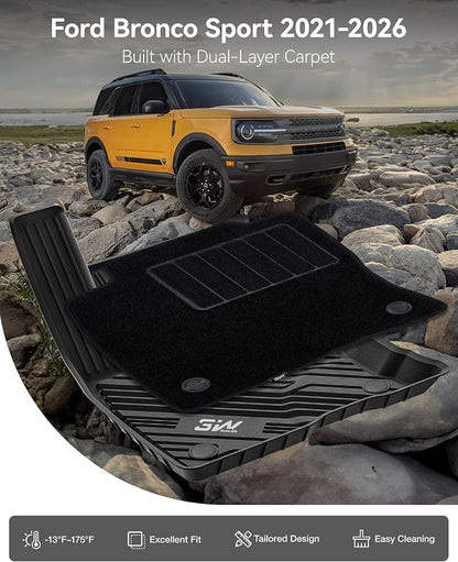 3W Floor Mats & Carpets (1st and 2nd Rows) Fit for Ford Bronco Sport 2021-2025 All Weather TPE Car Accessories Custom Fit Full Set Ford Bronco Sport Car Mats (Not for Bronco & Rubberized Floor)