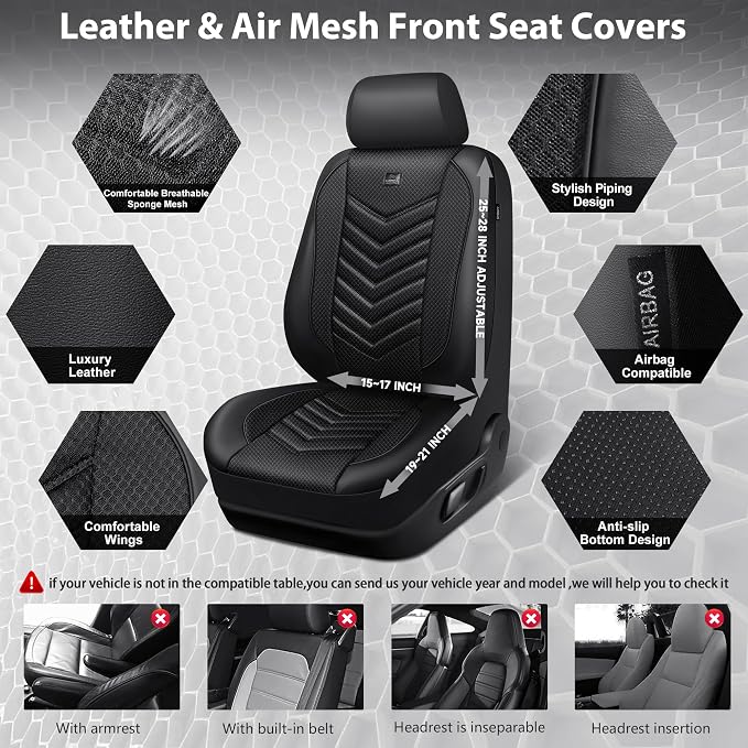 CAR PASS 3D Foam Mesh Leather Seat Covers Front Seats, Breathable Two Front Seat Cover for Cars, Comfortable Universal Fit for SUV Truck Sedan Automotive Anti-Slip Airbag Compatible, All Black