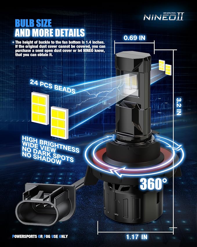 NINEO H13 Bulbs, H13/9008 Fog Lights, Upgrade 600% Brighter 6500K White, Fan-Cooled, No Flicker, Plug & Play, Driving or Fog Light, 2 Pack