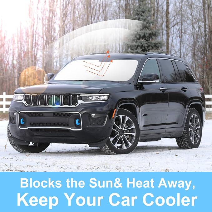 TINGLU Sun Shade for Jeep Grand Cherokee 4XE 2024 Accessories Windshield Sun Shade Window Shade UV Rays Protection Sun Visor Cover with Steering Wheel Sunshade Storage Bag