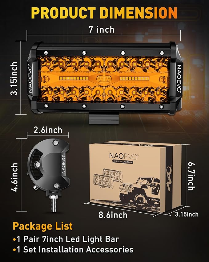 NAOEVO 7 Inch Amber LED Light Bar, 240W 24,000LM Offroad Fog/Driving Lights with Spot Flood Combo, LED Pods for Truck Boat UTV ATV, 2 Pack (Amber)