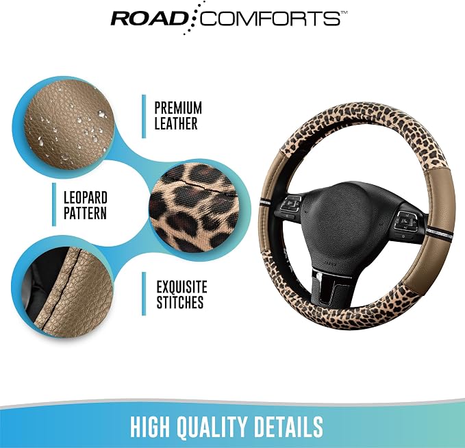 Road Comforts Leopard Steering Wheel Cover for Women, Cute Anti-Slip Microfiber Leather, Universal Fit 14.5-15 Inch Round Steering Wheel - Beige