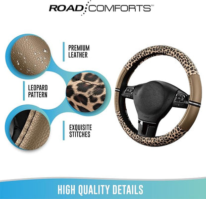 Road Comforts Leopard Steering Wheel Cover for Women, Cute Anti-Slip Microfiber Leather, Universal Fit 14.5-15 Inch Round Steering Wheel - Beige
