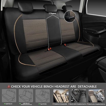 CAR PASS Piping PU Leather Car Seat Cover Full Set,Inside Zipper Design and Reserved Opening Holes,Airbag Compatible,Universal FIT for Car, SUVs,Van,Small Trucks（Full Set, Black & Gold）