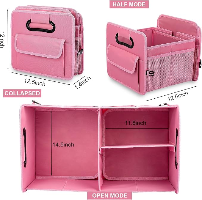 JiatuA Car Trunk Organizer, Car Organizers and Storage Collapsible Multi Compartment Container Box, Adjustable Car Accessories for SUV Sedan Truck, Large Size, Pink