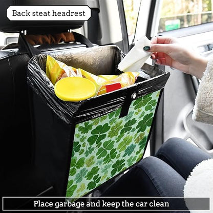 Car Trash Can Organizer Bin with Adjustable Strap for Back Front Seat Console Waterproof Leakproof Collapsible Portable 11 Inch Green Nature St Patrick Clovers