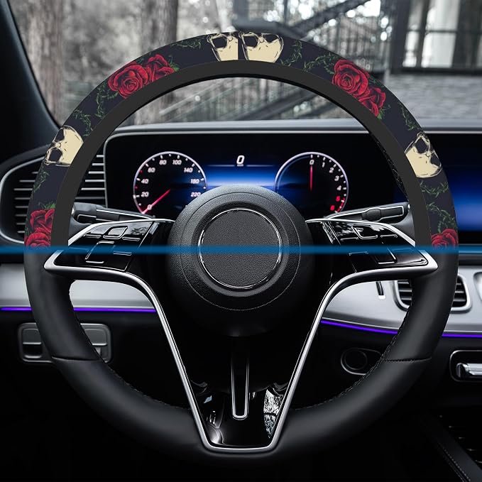 Car Steering Wheel Cover, 14.5"-15" Inch Universal Anti-Slip DurableSteering Wheel Protective Cover, Breathable Auto Interior Decoration Accessories for Sedan SUV Truck (Roses and Skulls)