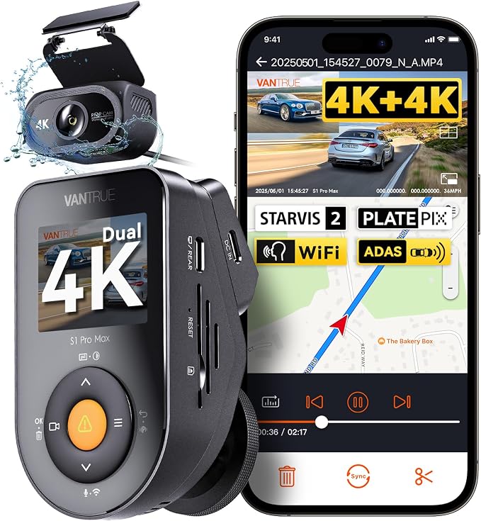 Vantrue S1 Pro Max 4K+4K Dash Cam, Dual STARVIS 2 Dash cam Front and Rear, 2 Channel HDR Dashcam, PlatePix Night Vision, 5G WiFi, Voice Control, GPS, 24H Buffered Parking Mode, Support 1TB Max