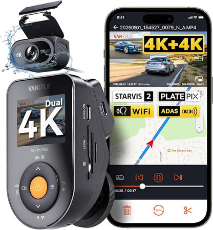 Vantrue S1 Pro Max 4K+4K Dash Cam, Dual STARVIS 2 Dash cam Front and Rear, 2 Channel HDR Dashcam, PlatePix Night Vision, 5G WiFi, Voice Control, GPS, 24H Buffered Parking Mode, Support 1TB Max