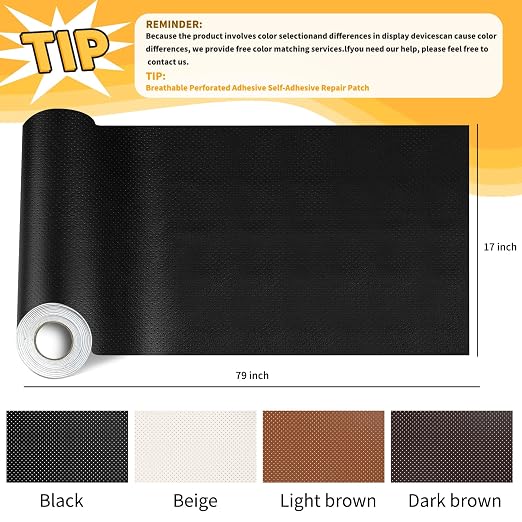 JuCheng 17x79inch Perforated Leather,Breathable Perforated Self-Adhesive Leather Repair Patch for Furniture, Couches, Car Seats, Office Chairs Faux Leather & Vinyl Repair Kit (Black)