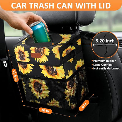 Vankor 3 Gallons Car Trash Can with Lid, Car Bag Bin Hanging Waterproof Automotive Garbage Cans Leak Proof Vehicle Trash Can Sunflower
